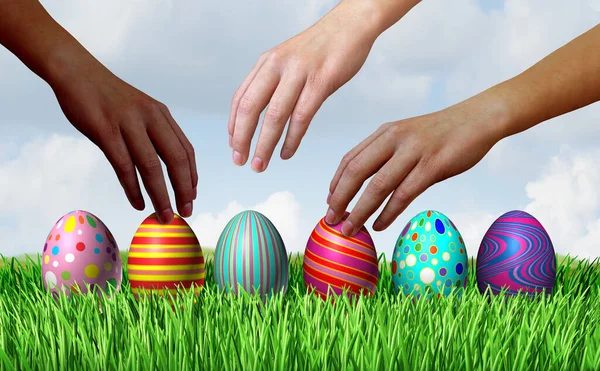 Huevo Pascua Caza Diversas Manos Con Huevos Pascua Una Fila — Foto de Stock