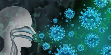 virus influenza and flu spread caused by pathogen infection with human symptoms of fever infecting the nose and throat as coronavirus or covid-19 illness pandemic 3d illustration elements. clipart