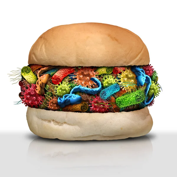 不良汉堡包上的细菌和细菌等食物中的疾病 以及作为营养安全概念而摄入和食用受污染肉类的健康风险 — 图库照片
