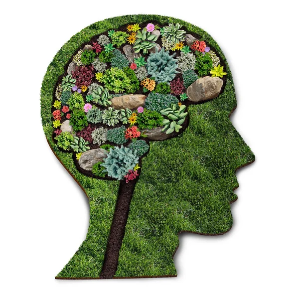 人間の頭として形成された観賞植物と多年草の芝生と花壇と園芸デザインとしての園芸心理学のための個人的な成長の概念と庭師や造園家のシンボル — ストック写真