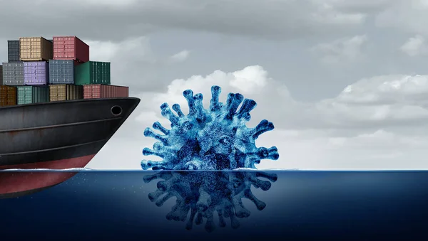 危険氷山に直面する貨物船としてのコロナウイルス又はインフルエンザに係る疾病リスク及び貨物の流通を業として輸出入管理メタファーとしての3Dイラスト — ストック写真