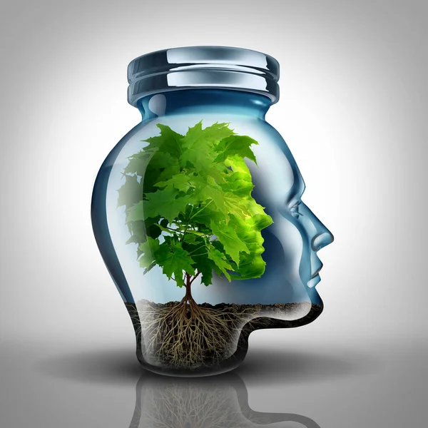 Inner growth psychology concept and personal development idea as a glass jar shaped as a human head with a tree inside representing mental health with 3D illustration elements.