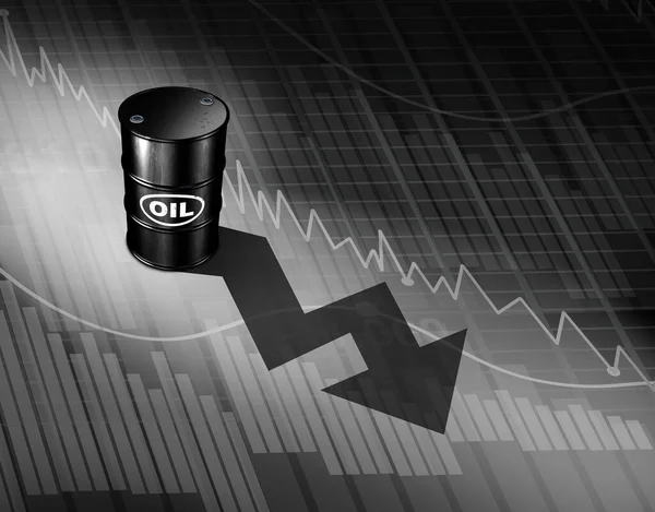原油価格下落の概念は 3D図として供給過剰と過剰生産のために化石エネルギーを減少させるシンボルとして財務チャート上の下向きの矢印を鋳造原油バレルとして — ストック写真