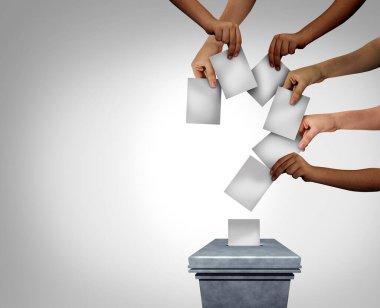 Community vote question mark and voting questions concept as diverse multicultural hands holding blank papers casting ballots at a polling station as voter confusion with 3D illustration elements. clipart