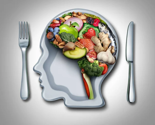 大脑饮食和食品心理学或营养精神病学 作为一种健康食品 形状像一个思维器官 有一个人头形状的盘子 有3D个说明性元素 — 图库照片