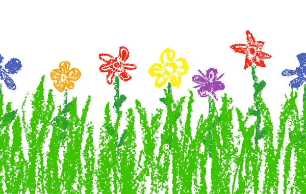 Crayón de cera como la mano de niño dibujado flores de colores con hierba verde. Inconsútil como conjunto de flores dibujadas de niño. Vector pastel tiza fondo bandera . — Archivo Imágenes Vectoriales