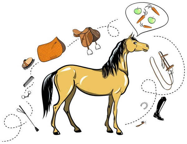 Koně a jízda na koni směr. Uzda, sedlo, třmen, štětec, bit, postroj, zásoby, bič Koňské postroje zařízení. Jezdecký sport izolované na bílém. — Stockový vektor