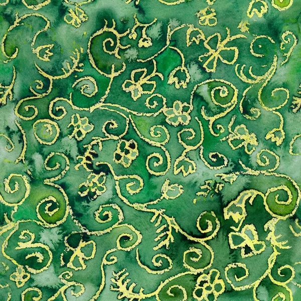 Padrão floral abstrato sem costura aquarela. Textura brocado verde pintado à mão com cor esmeralda . — Fotografia de Stock