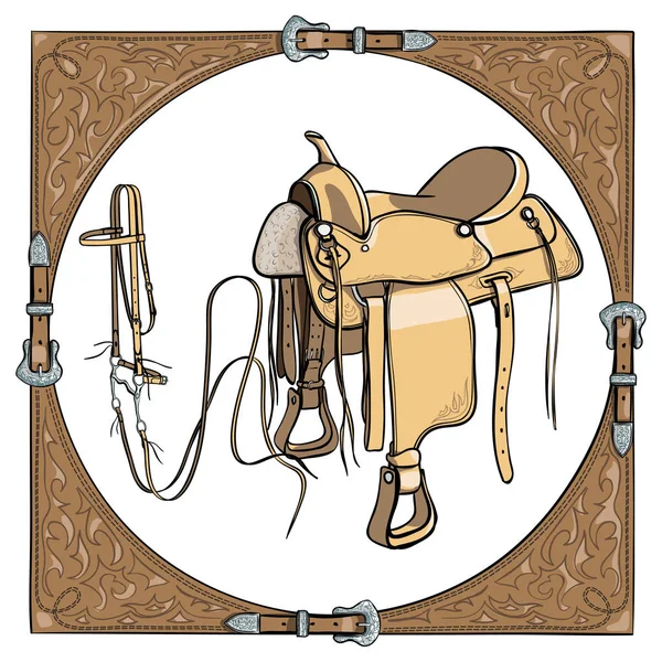 Cowboy zadel en hoofdstel in het frame van de westerse leder op witte achtergrond. — Stockvector