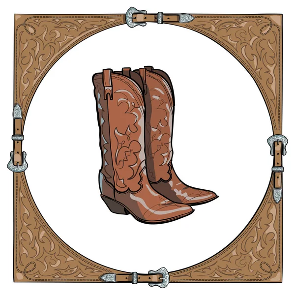 Cowboy boots in het frame van de westerse leder op witte achtergrond. Vector — Stockvector