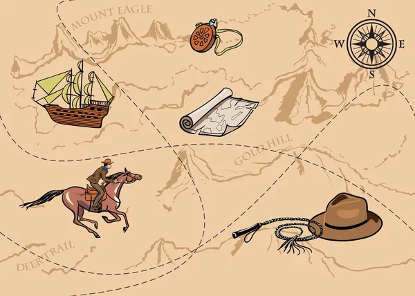 Äventyr vintage sömlösa mönster av karta. Karta över skatten med ryttare, berg, kullar, floden, kompass och andra designelement. — Stock vektor