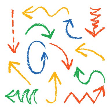 Elle çizilmiş balmumu mum boya dizi eğlenceli renkli oklar. Kırmızı, mavi, sarı, yeşil tasarım öğeleri boyama el. 