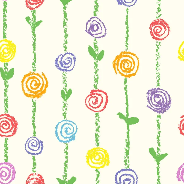 Wax krita som barnens ritade färgglada sömlösa mönster med rosor blommor och stroke ränder. Hand dras konst vector bakgrund. — Stock vektor