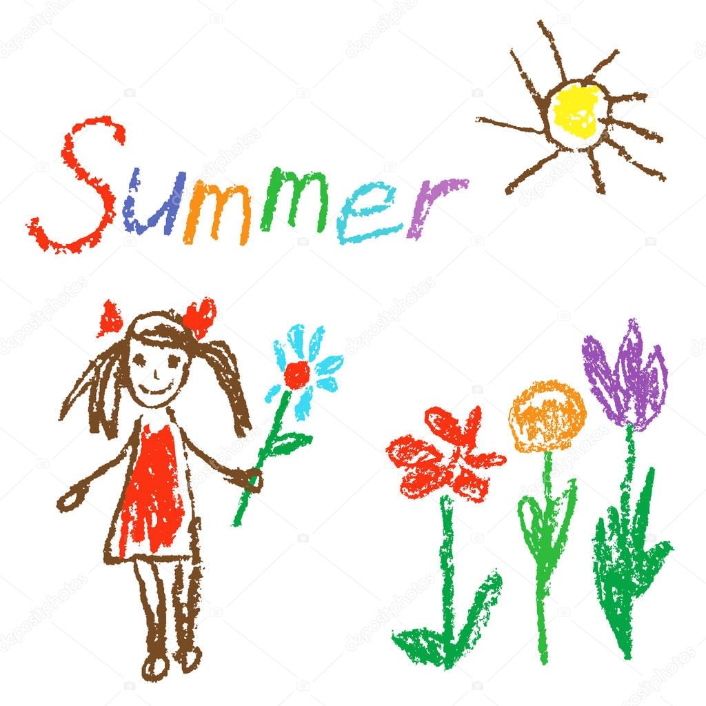 Wax crayon like kid`s drawn summer background with sun, girl, flowers, grass. Like child`s drawn colorful pastel chalk vector design elements with font. 
