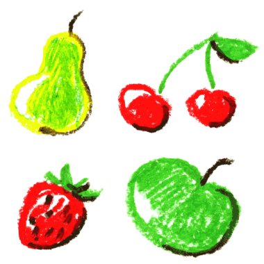 Pastel çizim meyve mangası. Armut, kiraz, elma ve çilek. İllüstrasyon vektör ayarla