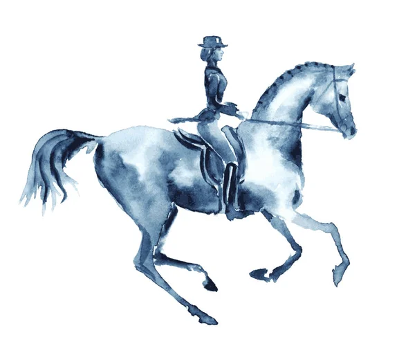 Ακουαρέλα αναβάτη και άλογο Ιππικής Δεξιοτεχνίας. Ιππικό άθλημα. — Διανυσματικό Αρχείο