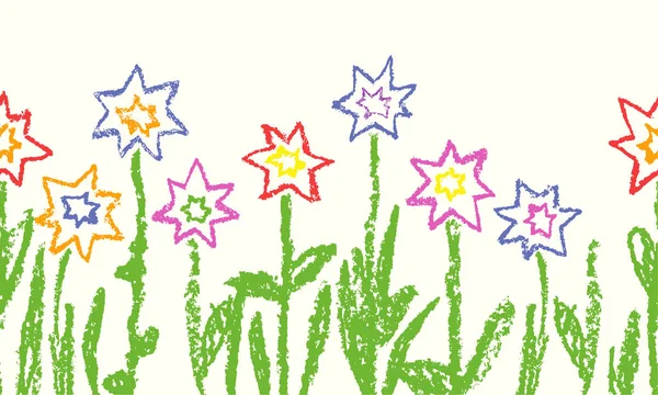 Crayón de cera como la mano de niño dibujado flores coloridas estrella con hierba verde. Inconsútil como conjunto de flores dibujadas de niño. Linda pintura primavera y verano prado . — Archivo Imágenes Vectoriales