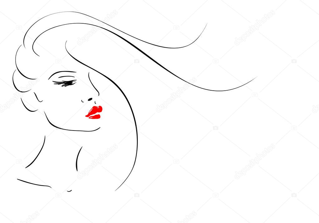 Female face with red lips. 