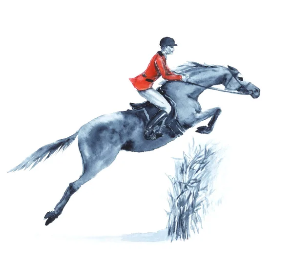 Aquarell Reiter und Pferd, springen eine Hürde im Wald auf weiß. Reiter in roter Jacke beim Hindernisspringen. — Stockfoto