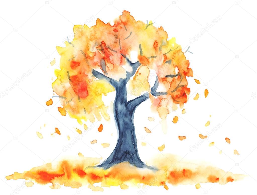 Watercolor autumn tree with yellow and orange leaves ...