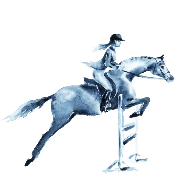 水彩骑手女孩和马，跳上白色的一个障碍。骑士在跳跃竞争. — 图库照片