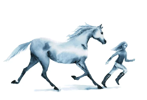 Aquarel paard en meisje draait op het veld. — Stockfoto