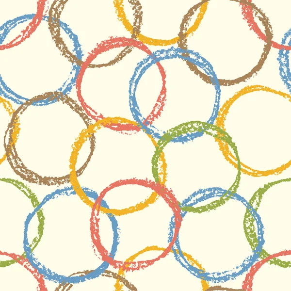 Seamless mönster med färgglada runda former. Upprepa cirkeln figur med blå, röd, grön, rosa, gul färg. Wax krita eller pastell kritor. — Stock vektor