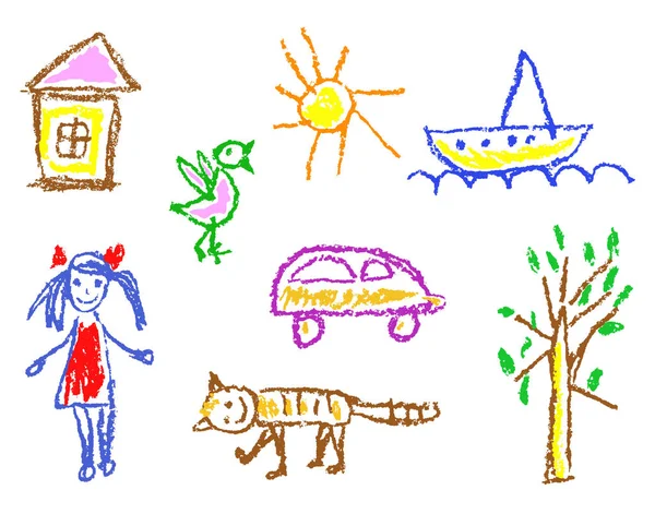 Κερί κραγιονιών παιδικό συντάσσονται κορίτσι, σπίτι, πουλί, γάτα, ήλιος, αυτοκίνητο, δέντρο, πλοίο που απομονώνονται σε λευκό. Παιδί κατάρτιση πολύχρωμες παστέλ κιμωλία διάνυσμα σχεδιαστικά στοιχεία. — Διανυσματικό Αρχείο