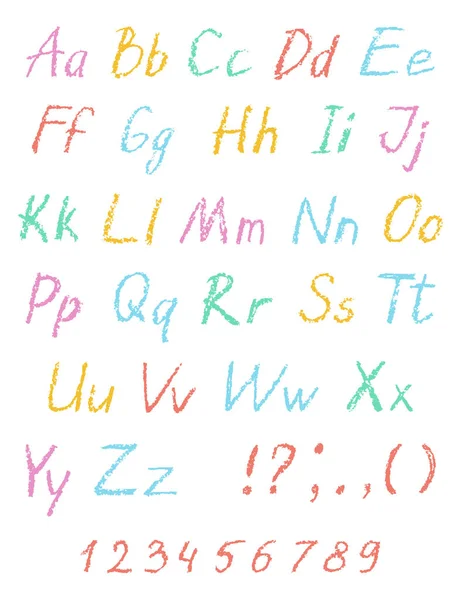 Wax crayon child's drawing alphabet. Pastel chalk font. ABC drawing letters. — Stock Vector