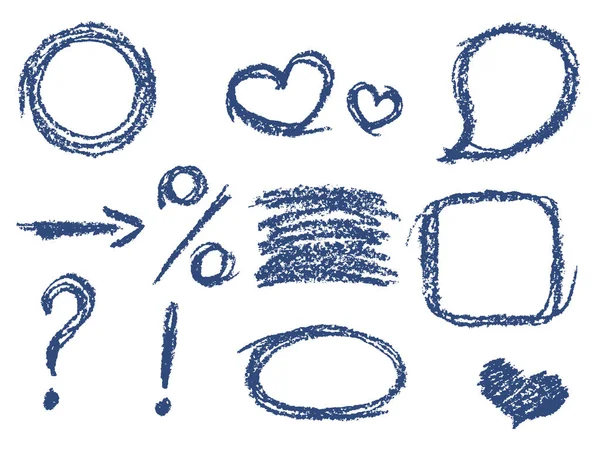 Ensemble d'éléments de design bleu bande dessinée. Crayon craie cadre dessiné à la main, coeur, bulle de parole, flèche, point d'interrogation, pourcentage signe, point d'exclamation . — Image vectorielle
