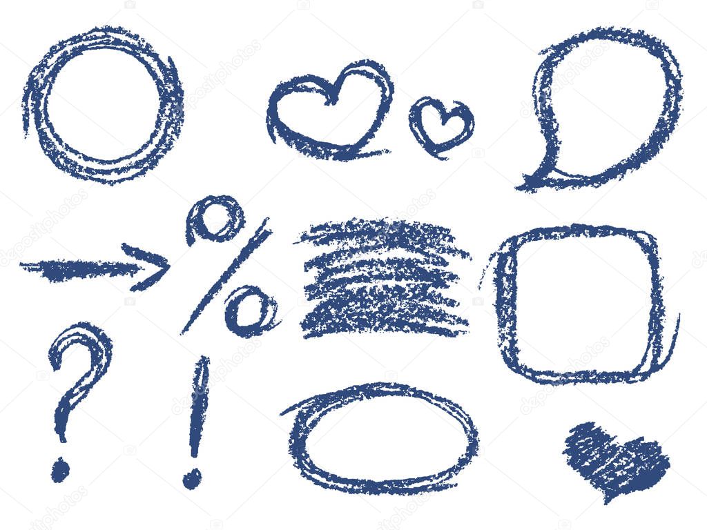 Set of comic blue design elements. Crayon chalk hand drawn frame, heart, speech bubble, arrow, question mark, percent sign, exclamation mark. 