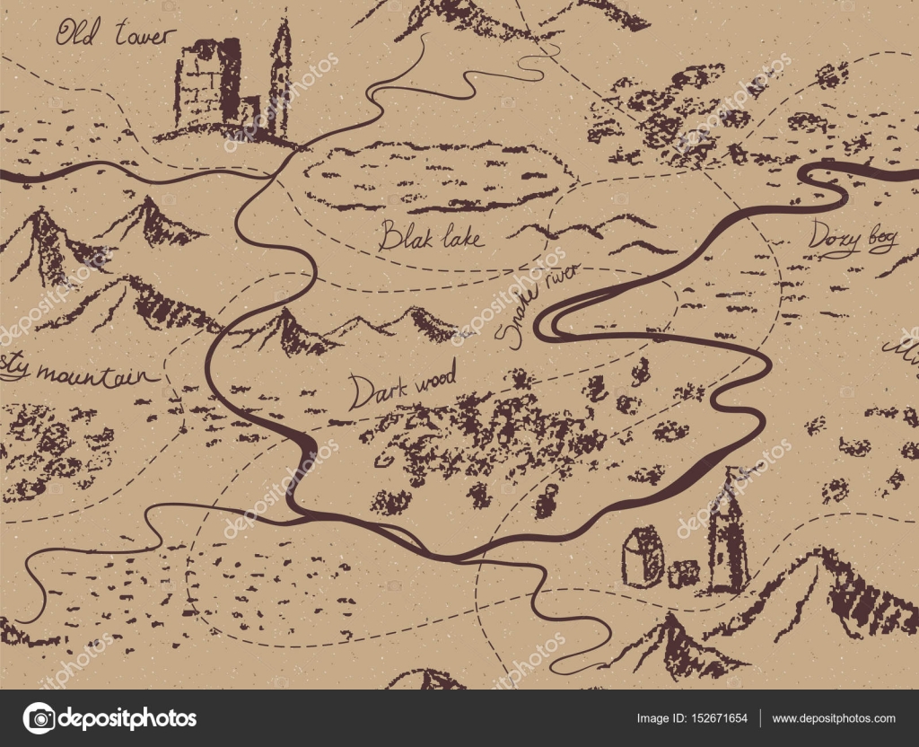 Fantasia envelhecida mapa sem costura vintage com montanhas, edifícios,  árvores, colinas, rio . Vetor de ©Larisa_Zorina 152671654, image size:1600x1300