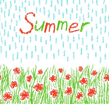 Mum mum boya çocuğun el kırmızı çiçekler yeşil çimen, yağmur duş ve metin ile çekilmiş.