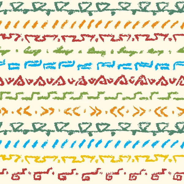 Seamless boho ethnic colorful crayon hand drawing fabric pattern. — Stock Vector