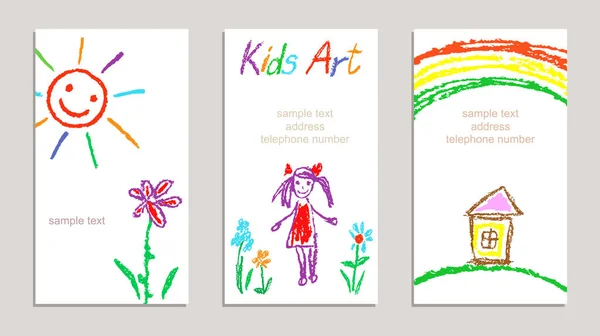 Wax crayon kid's getekende kleurrijke kaarten met hand bloemen, meisje, huis, zon, brieven puttend uit Wit. — Stockvector