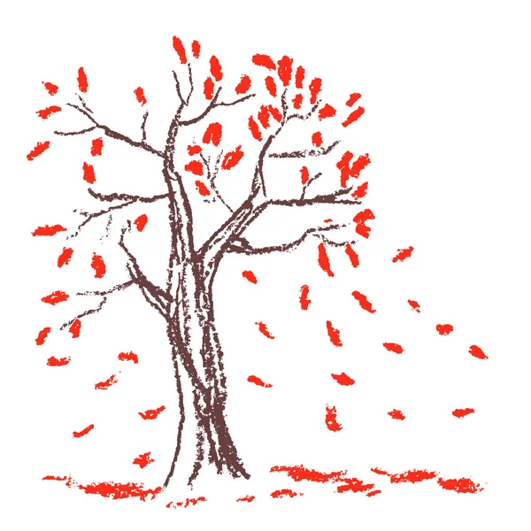 Crayon de cire dessiné à la main arbre d'automne avec des feuilles rouges . — Image vectorielle