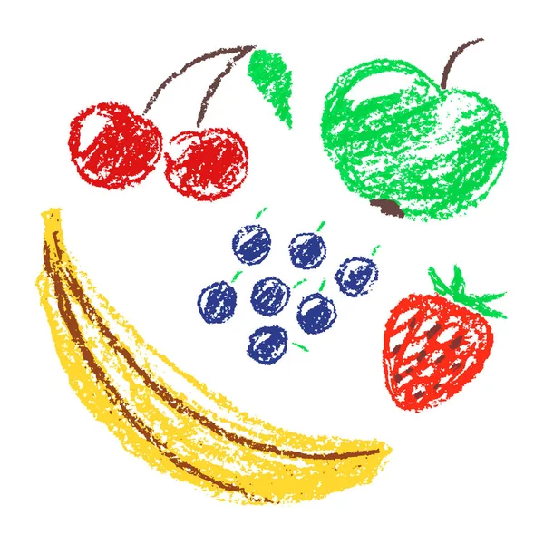 Conjunto de crayón de cera dibujado a mano divertido color jugosas frutas . — Archivo Imágenes Vectoriales