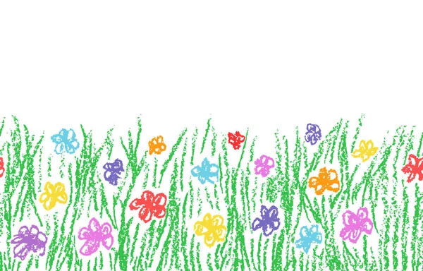 Wax crayon mão desenhada grama verde com flor de cor isolada no branco . — Vetor de Stock