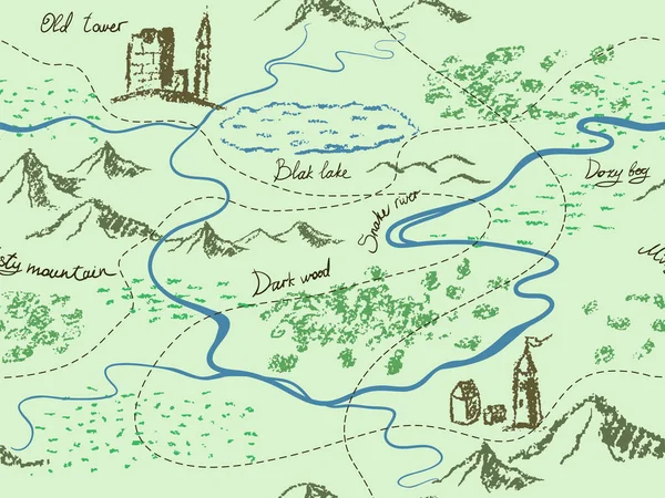 Fantezi vintage Dikişsiz harita dağlar, binalar, ağaçlar, tepeler, nehir ile yaşlı. Elle çizilmiş fairytale tarihi hazine haritası. S