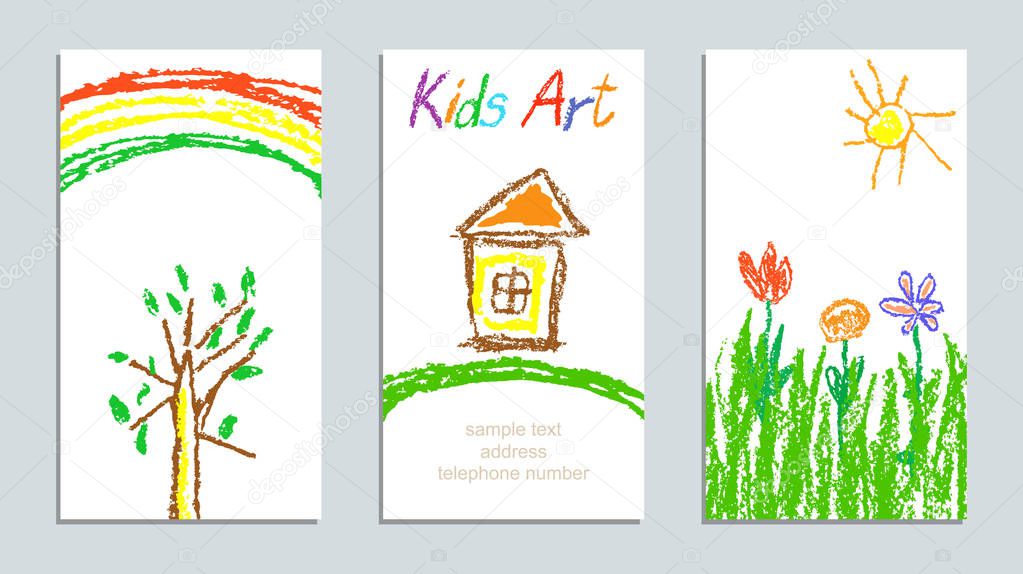 Set of wax crayon kid`s drawn colorful cards with hand drawing flowers, house, sun, tree, rainbow on white.