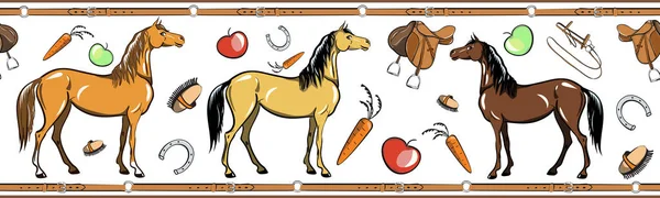 Cavalo e cavalo montando tack ferramenta borda sem costura. Desporto equino na estrutura do cinto de couro . —  Vetores de Stock
