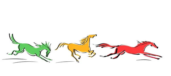 Set of galloping red, yellow, orange horses in motion on white background. — Stock Vector