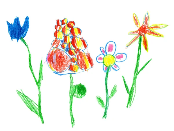 Pencil and crayon like kid`s drawn colorful flowers on white. Like child`s drawn pastel chalk blooming flowers set. — Stock Photo, Image