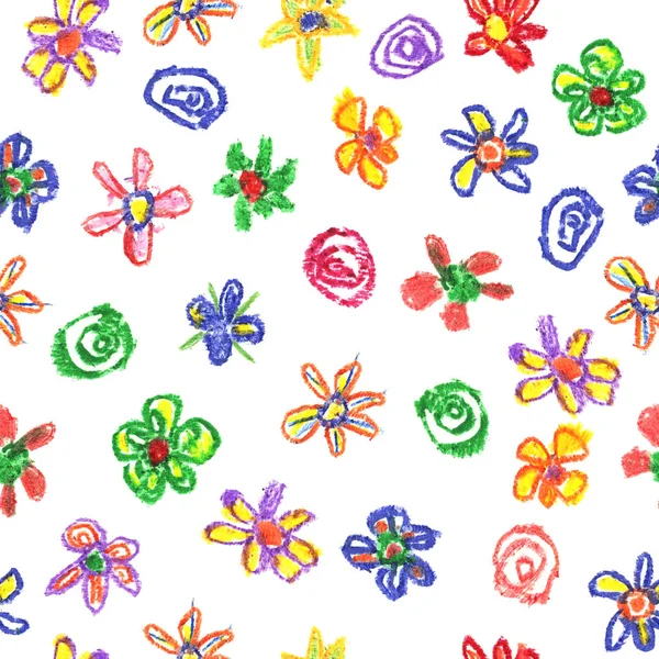 Wax crayon like kid`s drawn colorful seamless pattern with flowers on white. — Stock Photo, Image