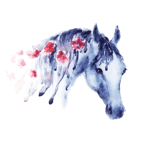 Tête de cheval aquarelle violette portrait avec des fleurs rouges en crinière . — Photo