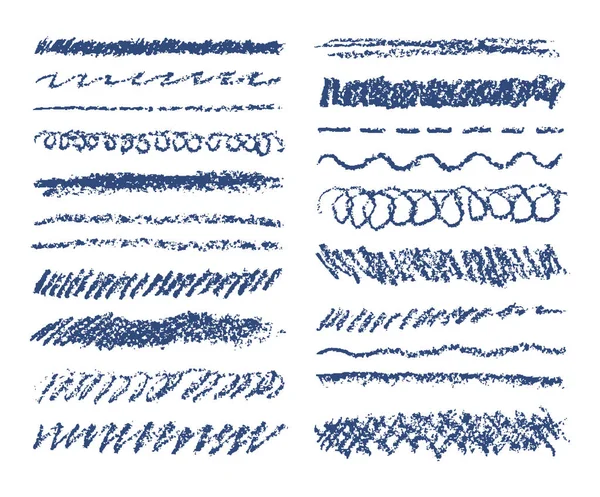 Conjunto de pinceladas de cera azul isoladas em branco. mão desenhado pastel giz linha listras fundo . — Vetor de Stock