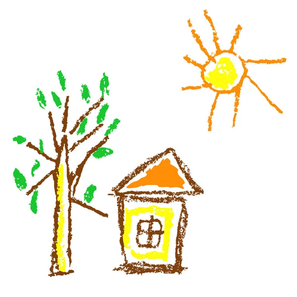 Crayón de cera como la casa dibujada a mano del niño, sol, árbol aislado en blanco . — Archivo Imágenes Vectoriales