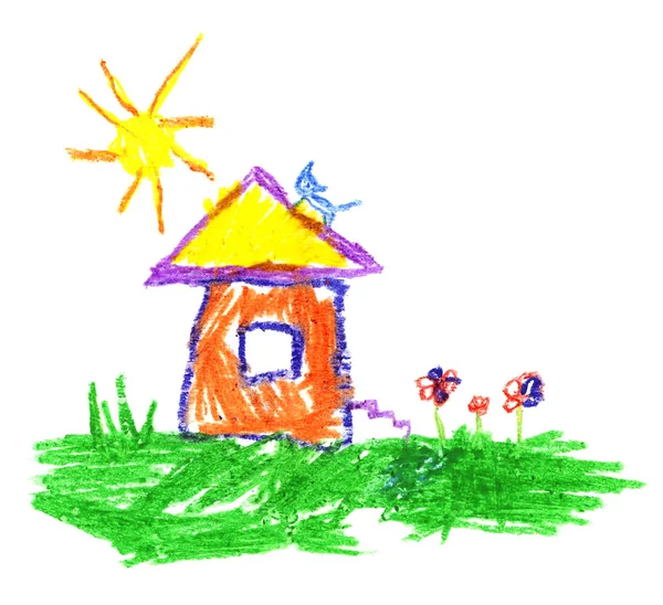 Lápiz de cera como la casa de dibujo a mano del niño, gato, sol y hierba . —  Fotos de Stock