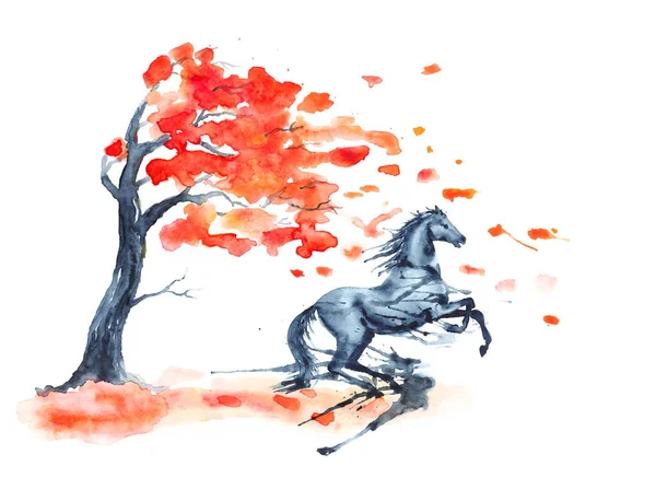 Våta akvarell uppfödning upp häst med bläck blotting fläckar hösten träd med röda hösten blad på vit. — Stockfoto