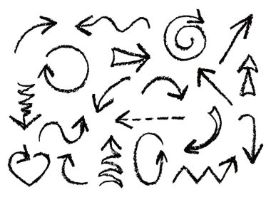 Elle çizilmiş kömür eğlenceli siyah okları kümesi.